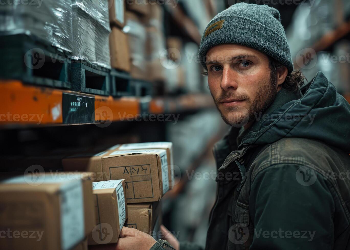 AI generated Man in Green Jacket Holding Boxes - Stock Image photo