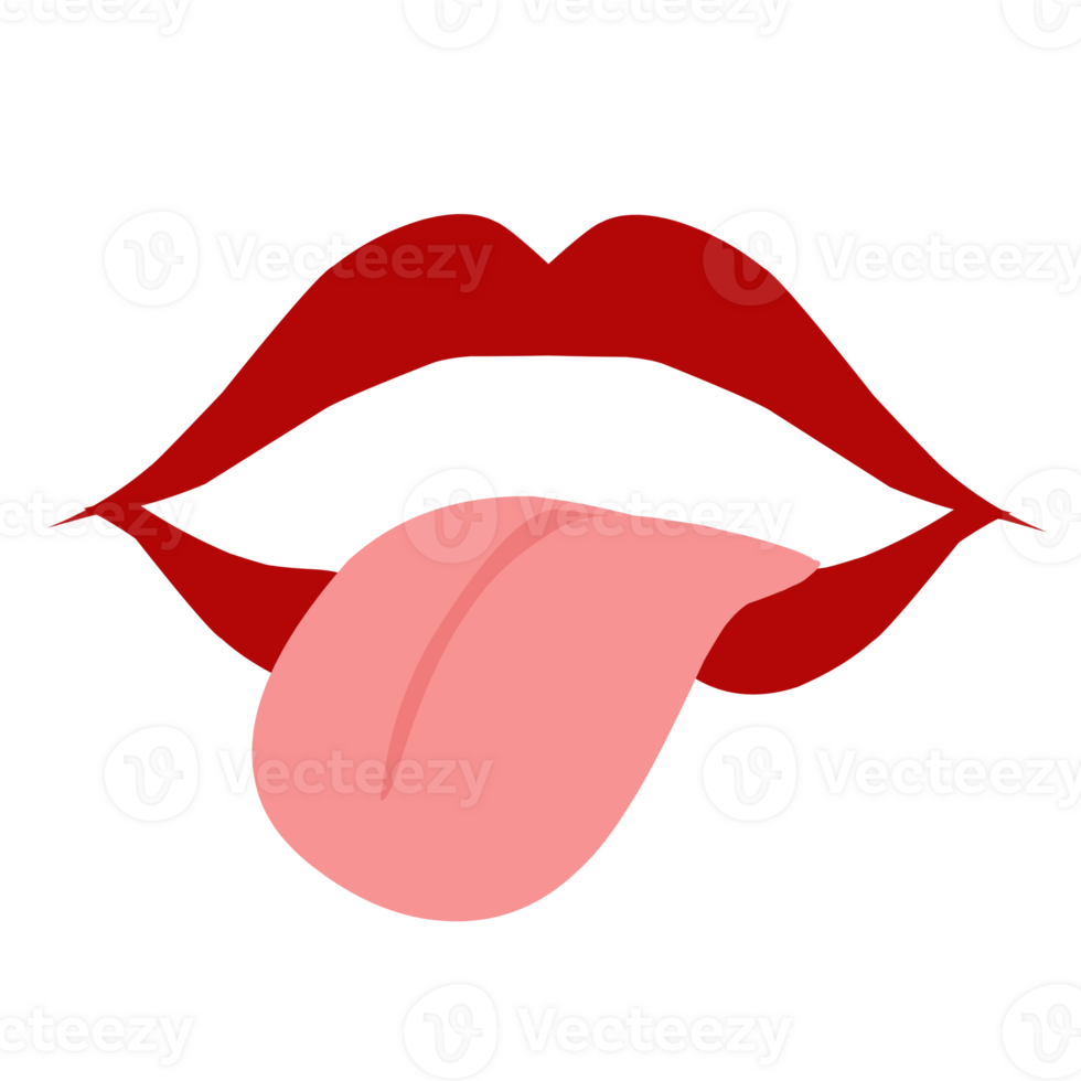 Design a red lip shape with the tongue out. Perfect for sticker, element psoter, banner, greeting card, invitation. png