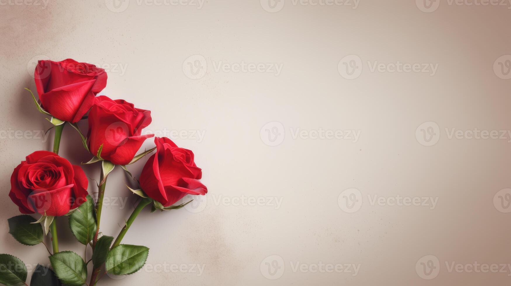 Red roses on beige paper background with copy space postcard. St. Valentine's day poster. AI Generated photo