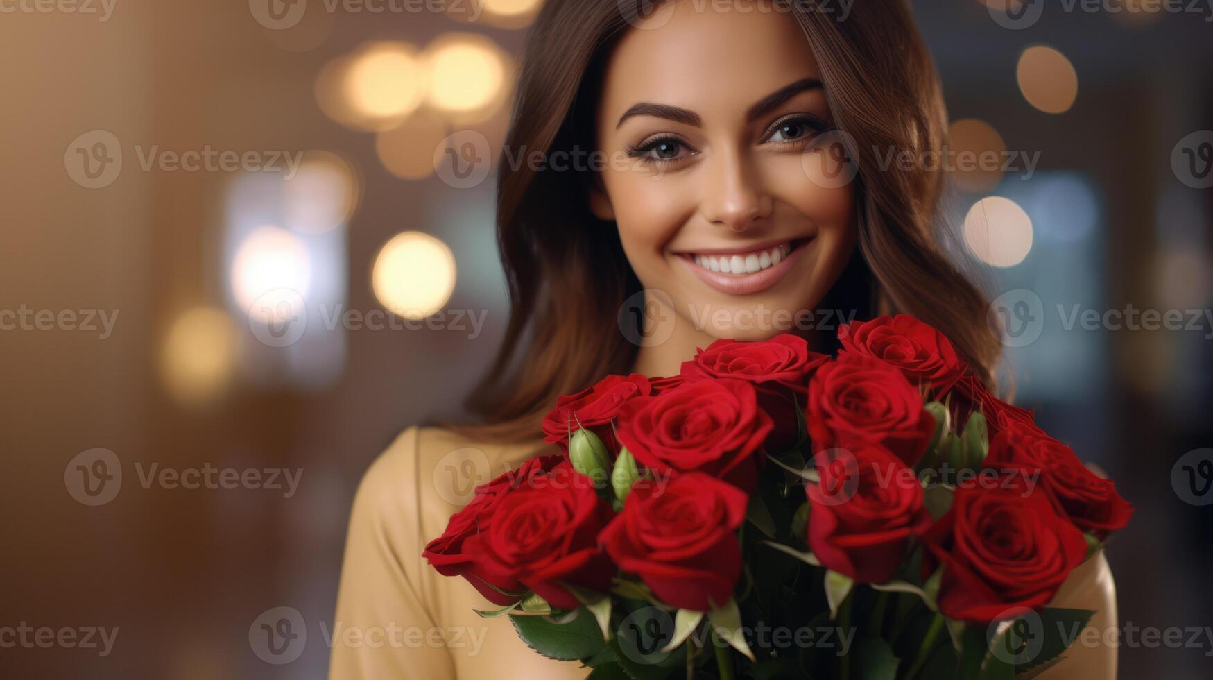 Smiling lady holding a beautiful bouquet of red roses. Lights at the background. AI Generated photo