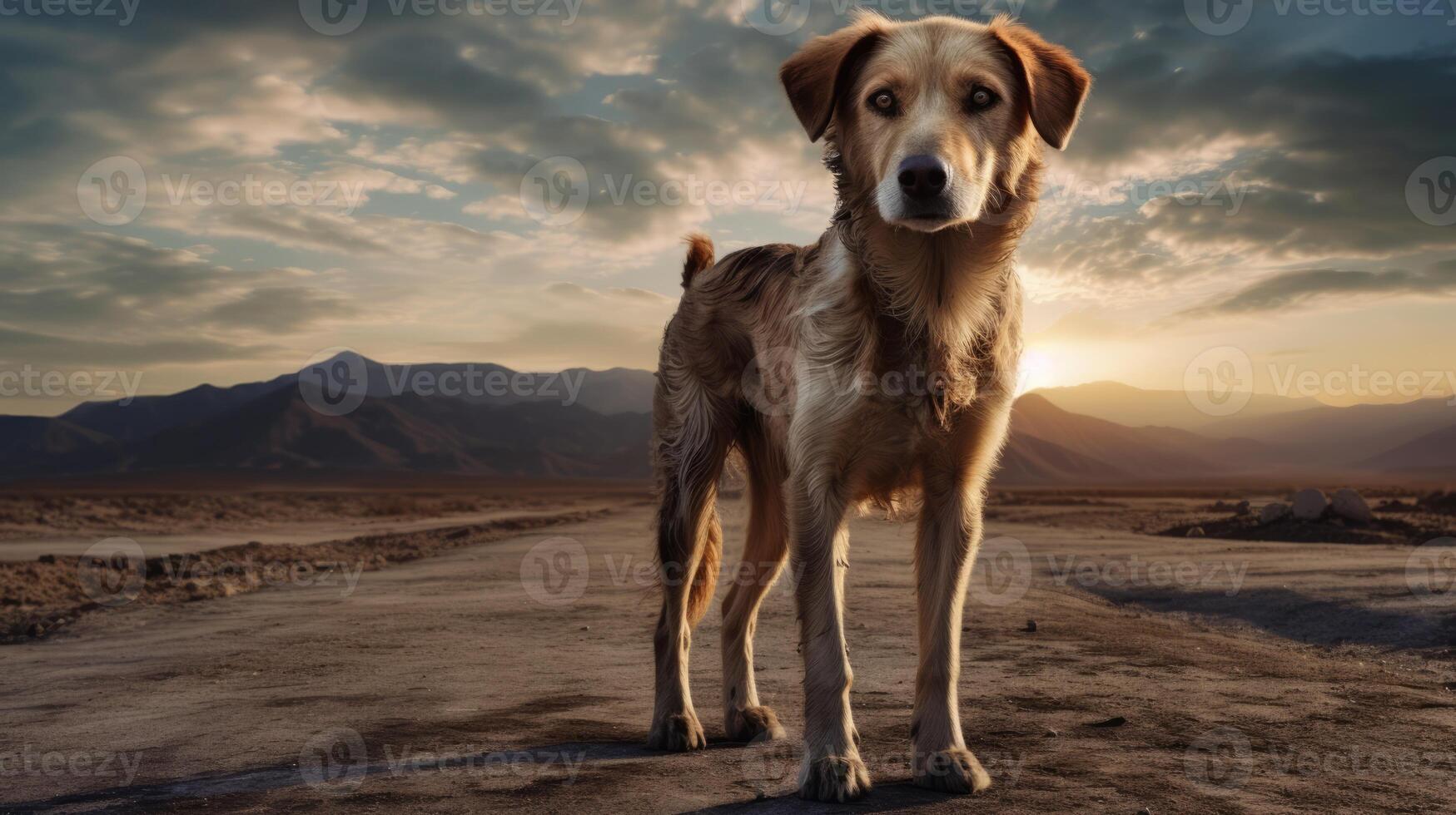 Dog in the middle of nowhere with the mountains and sunset at the background. AI Generated photo