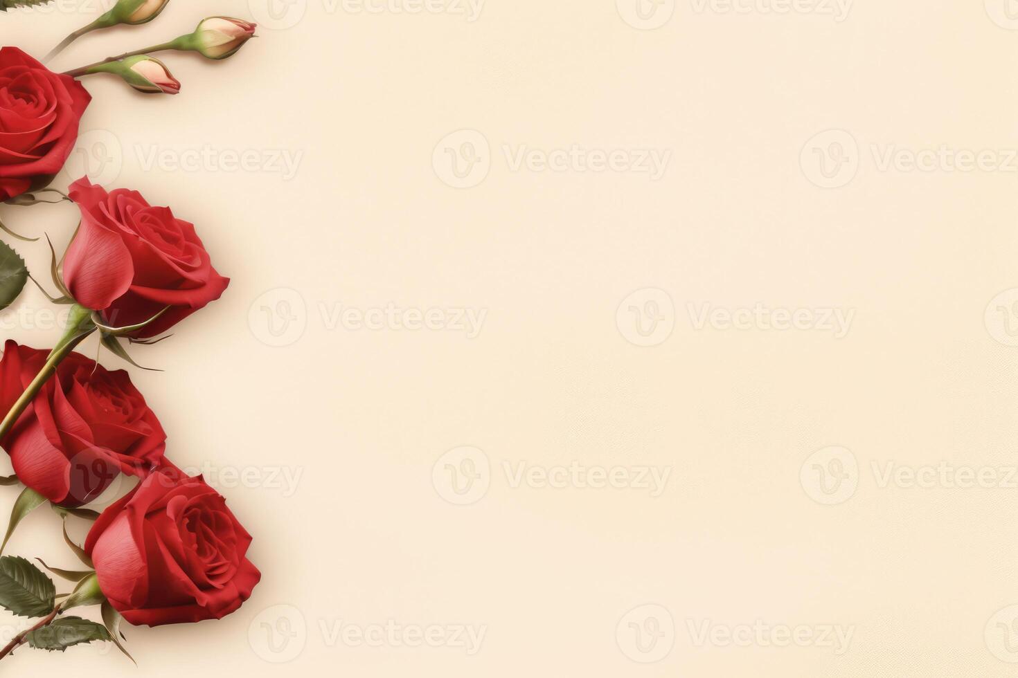 Red roses on beige paper background with copy space card. St. Valentine's day poster. AI Generated photo