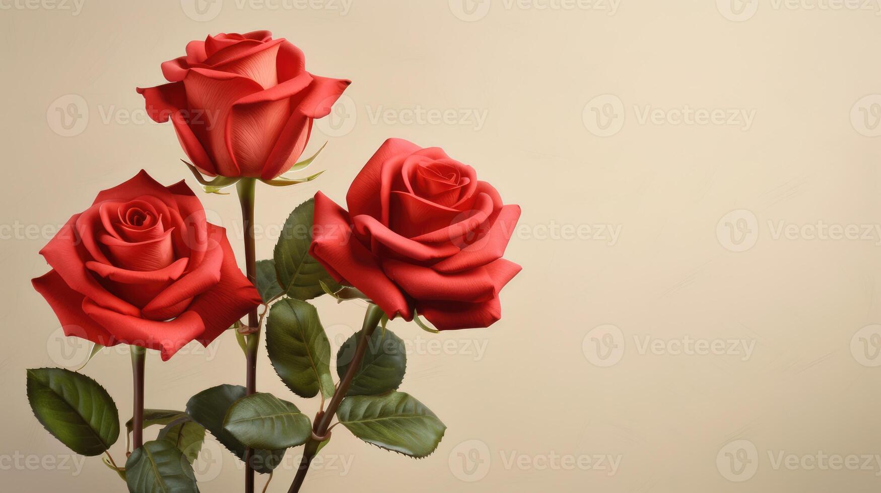 Blank space postcard with red roses on beige paper background. St. Valentine's day poster. AI Generated photo
