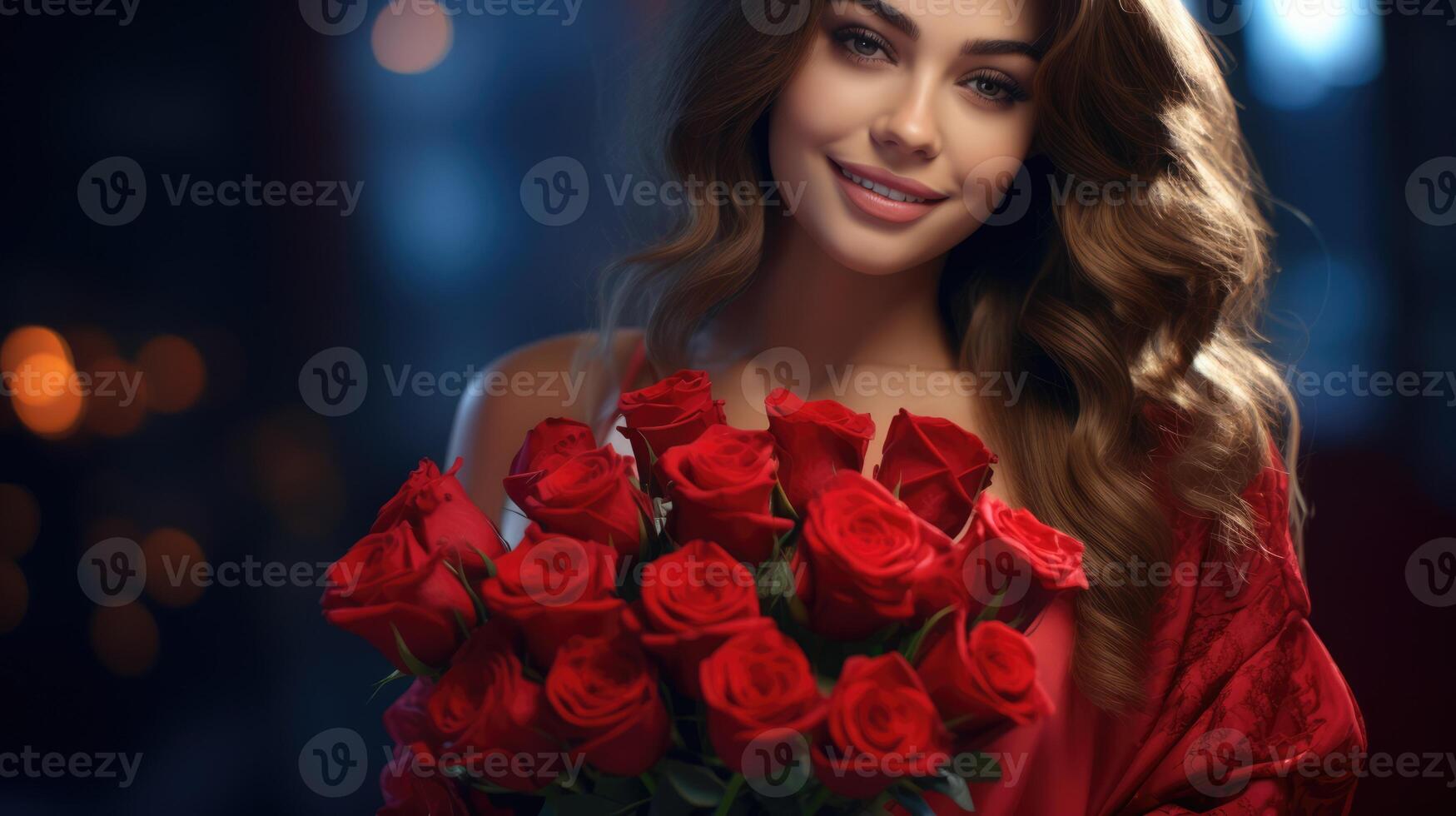 bonito mujer participación un hermosa ramo de flores de rojo rosas. ai generado foto