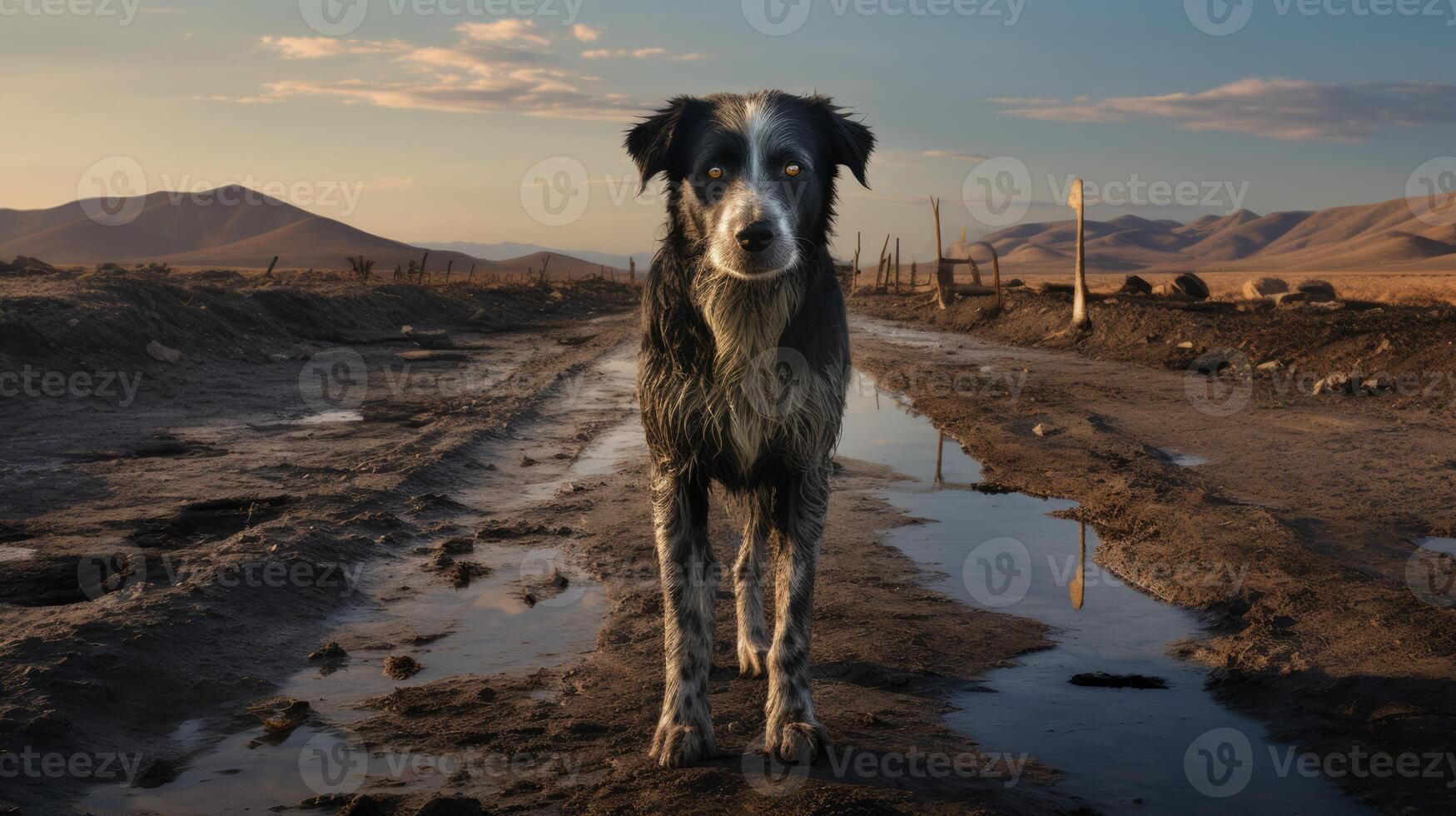 Lost black and white dog on a dirty road in the middle of nowhere. AI Generated photo