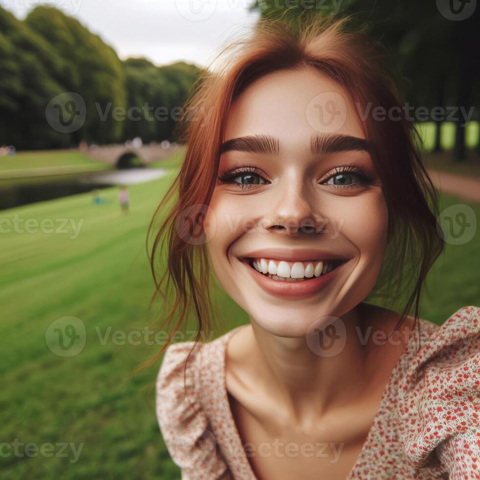 Image of the European young woman, walking outside, smiling. People photo