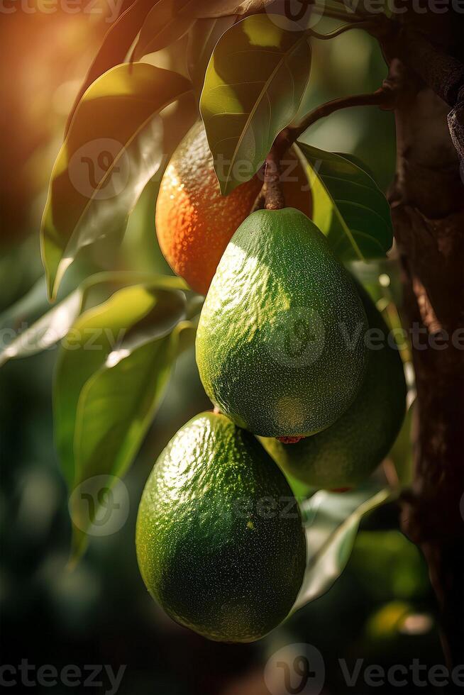 ai generado un rama de aguacate en árbol en el luz de sol. ai generativo Arte foto