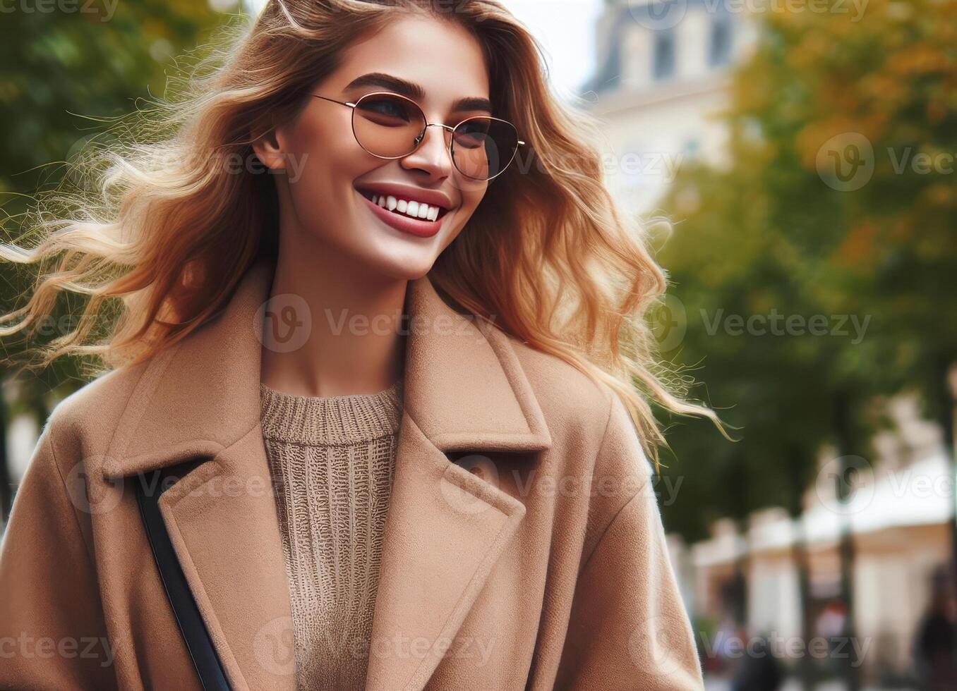 Image of the European young woman, walking outside, smiling. People photo