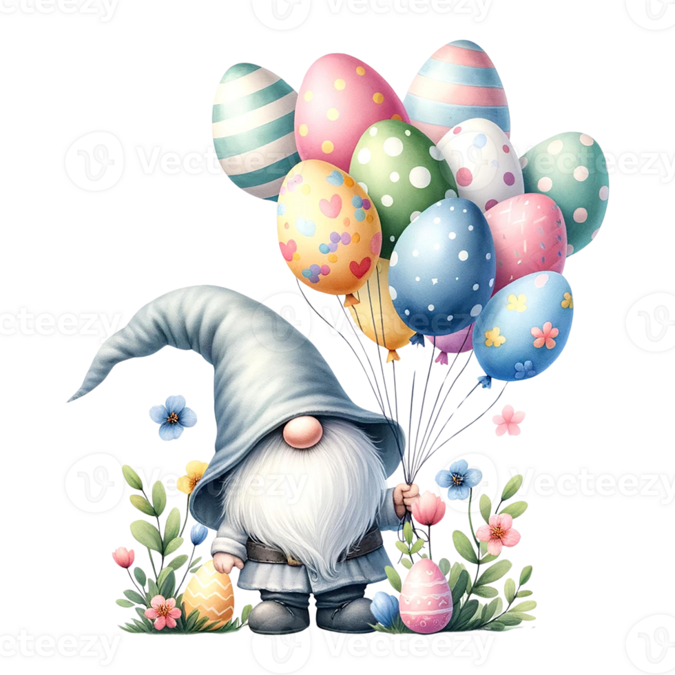 ai genererad påsk gnome innehav färgrik helium ballonger i påsk former vattenfärg ClipArt. ai generera png