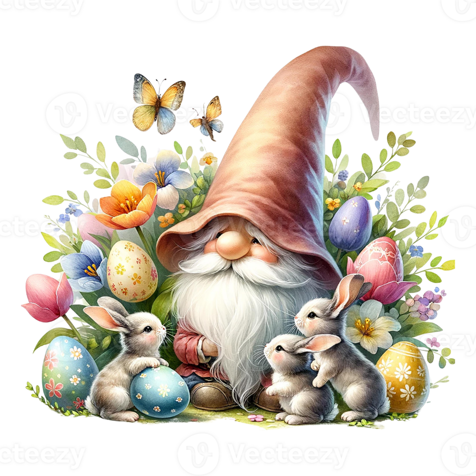 AI generated Gnome  celebrating Easter with bunnies watercolor clipart. AI Generate png