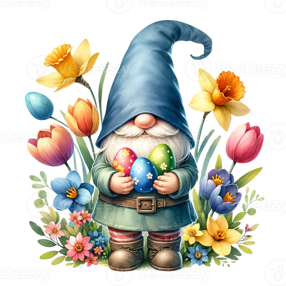 AI generated Gnome with Easter eggs  and spring flowers watercolor clipart. AI Generate png