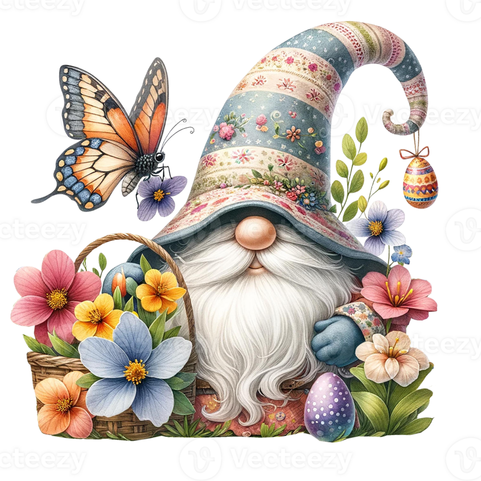 AI generated Easter Gnome with  Butterfly and flowers  watercolor clipart. AI Generate png