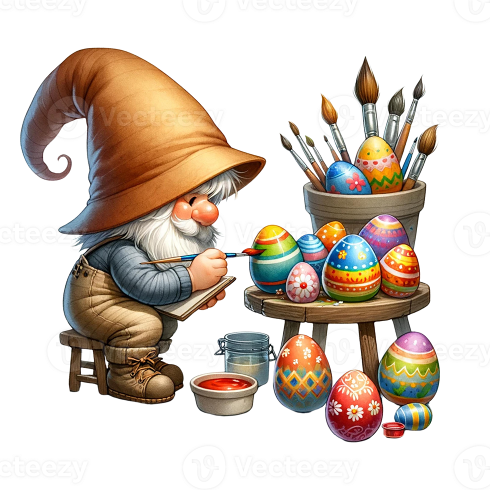 AI generated Gnome  engaged in painting Easter egg watercolor clipart. AI Generate png