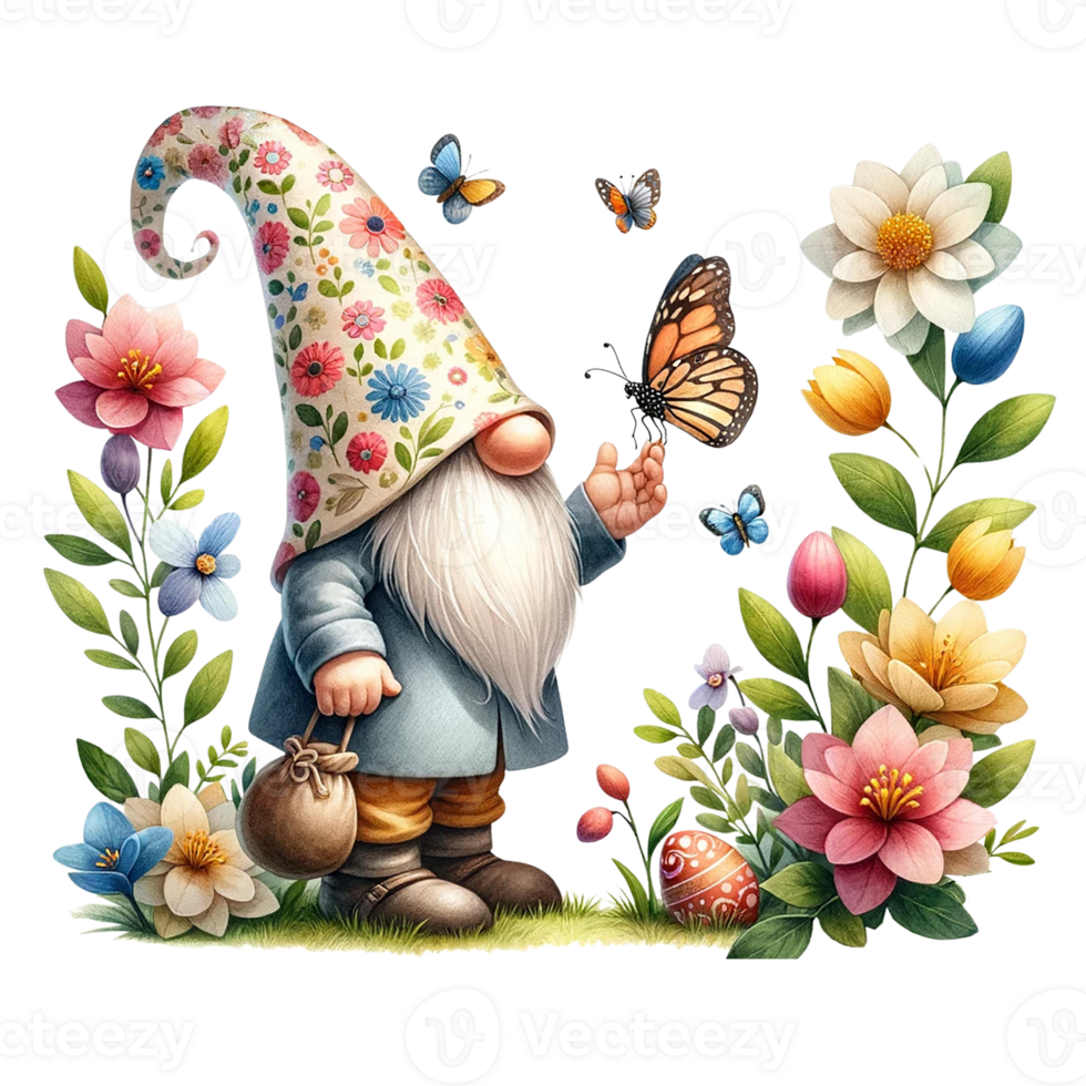 AI generated Easter Gnome with  Butterfly and flowers  watercolor clipart. AI Generate png