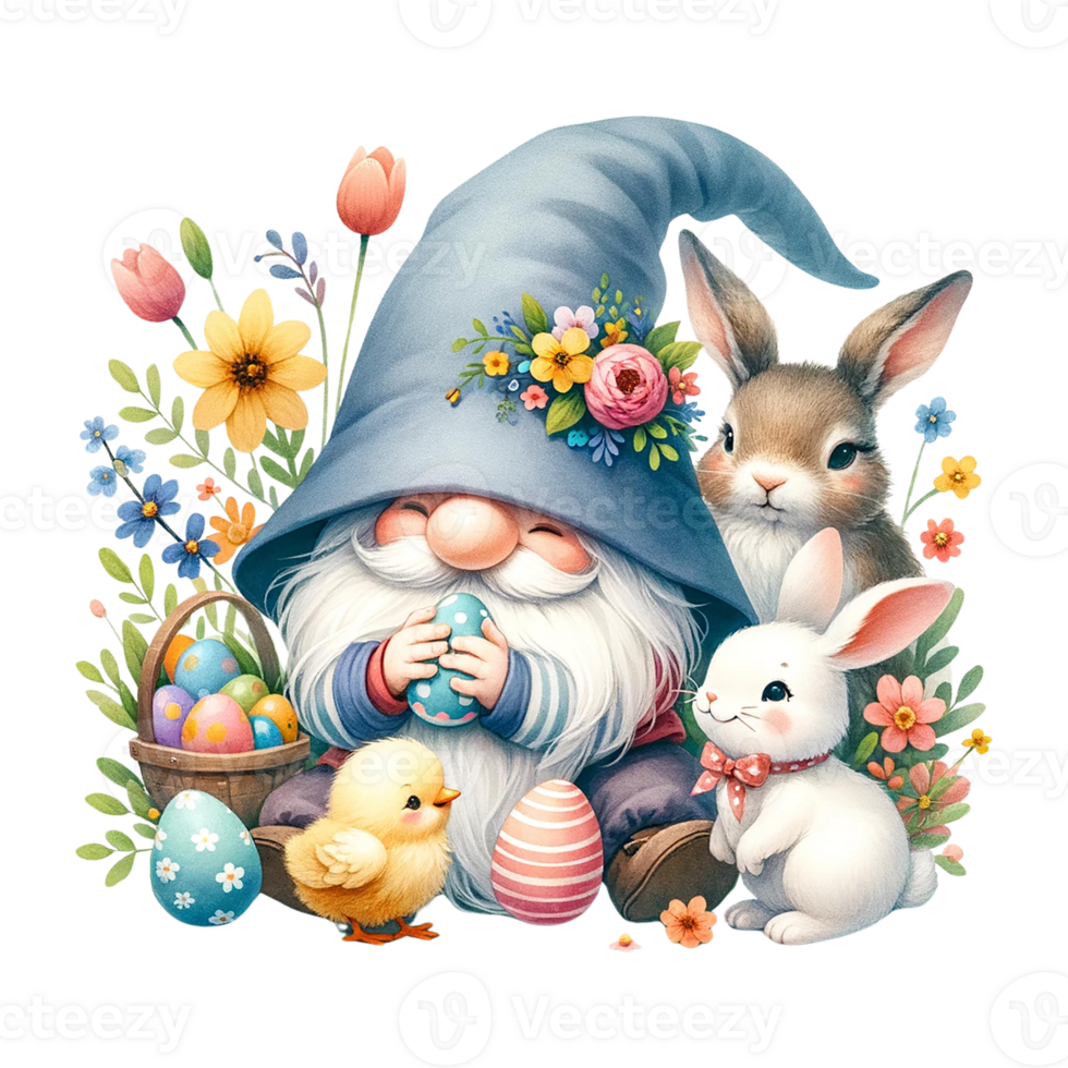 ai generato gnomo festeggiare Pasqua con coniglio e pulcino acquerello clipart. ai creare png