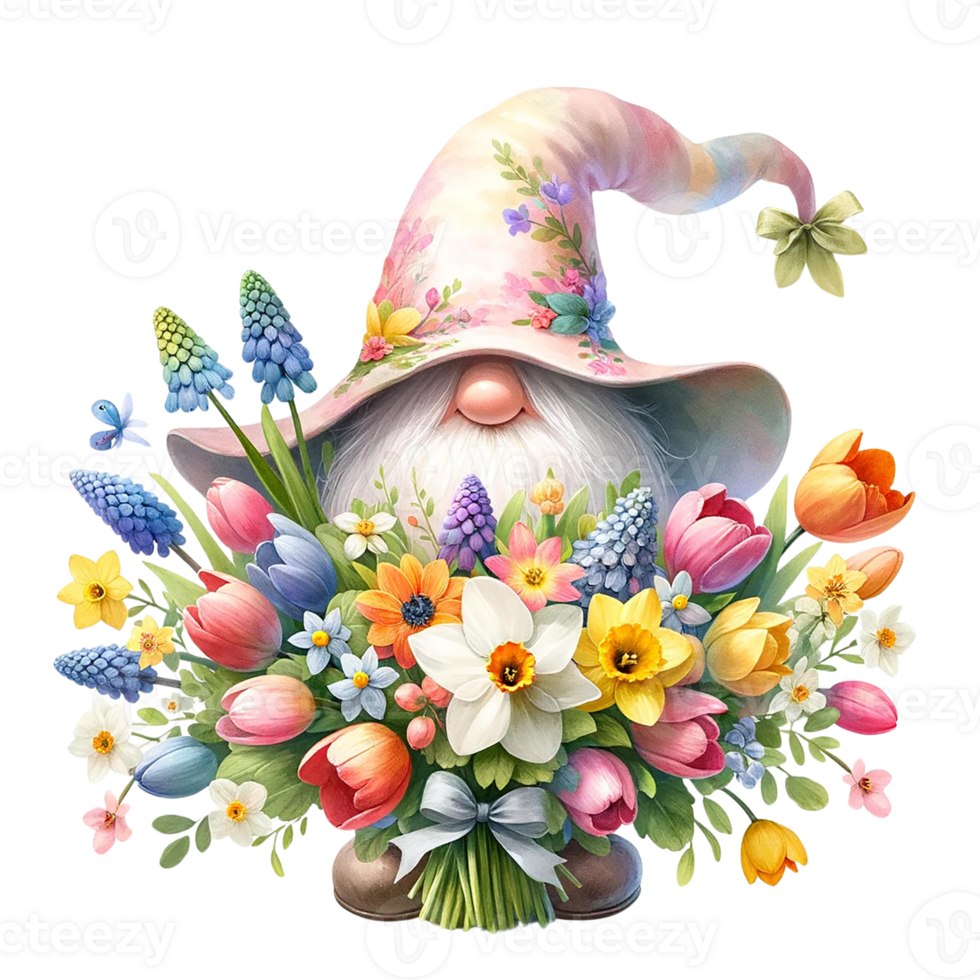 AI generated Gnome gnome with  spring flowers watercolor clipart. AI Generate png