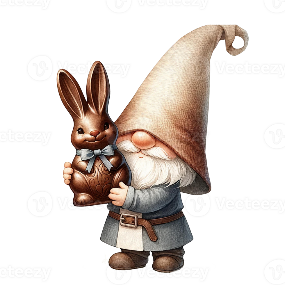 AI generated Easter Gnome with a Chocolate Bunny watercolor clipart. AI Generate png