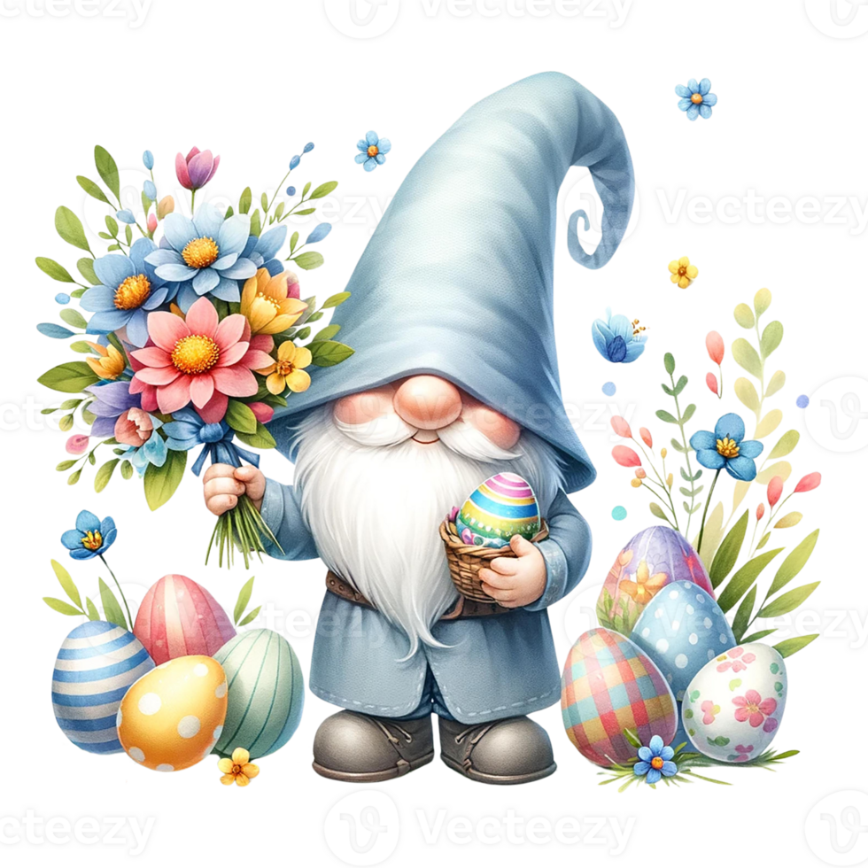 AI generated Gnome with Easter eggs  and spring flowers watercolor clipart. AI Generate png