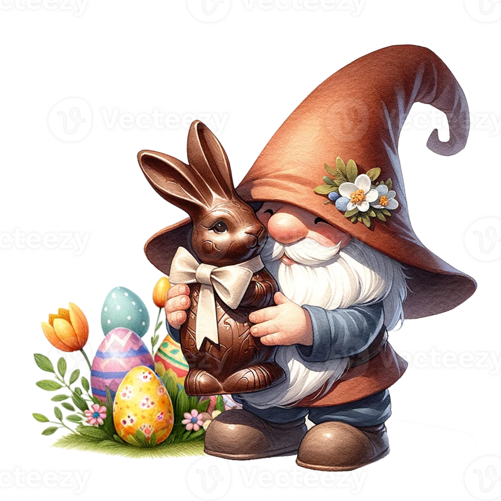 AI generated Easter Gnome with a Chocolate Bunny watercolor clipart. AI Generate png