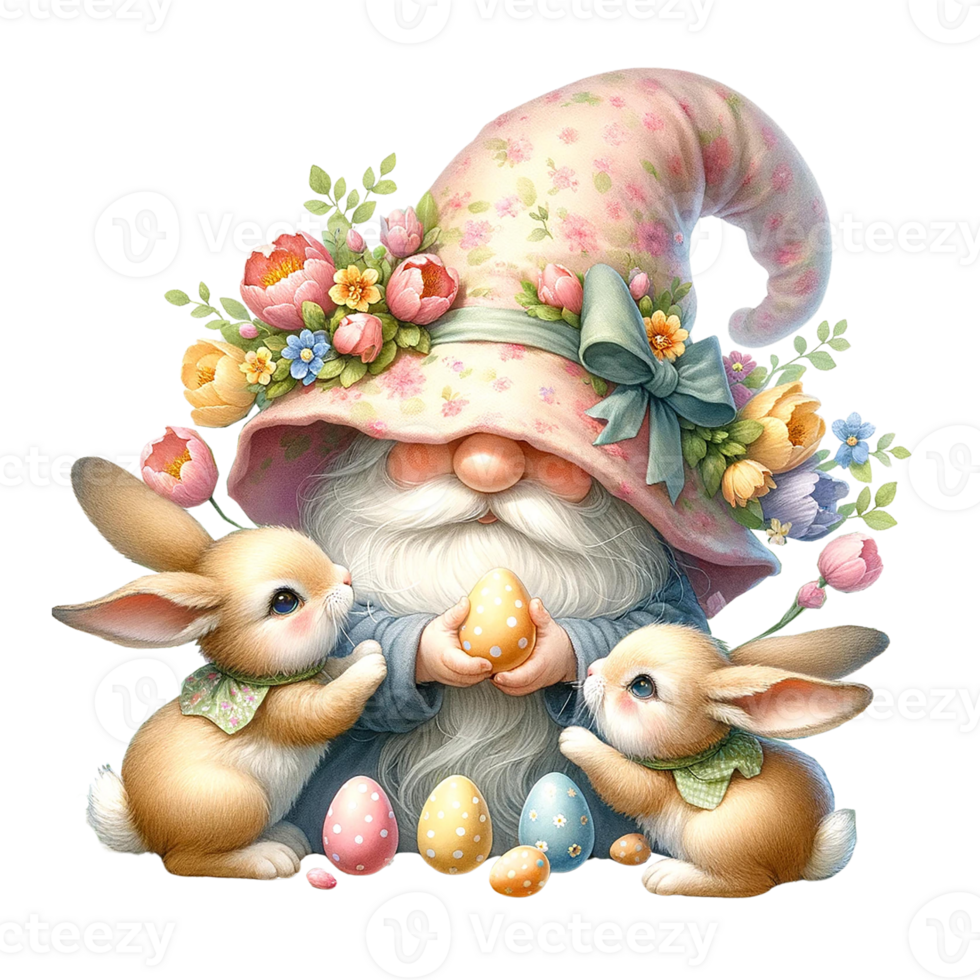 AI generated Gnome  celebrating Easter with bunnies watercolor clipart. AI Generate png