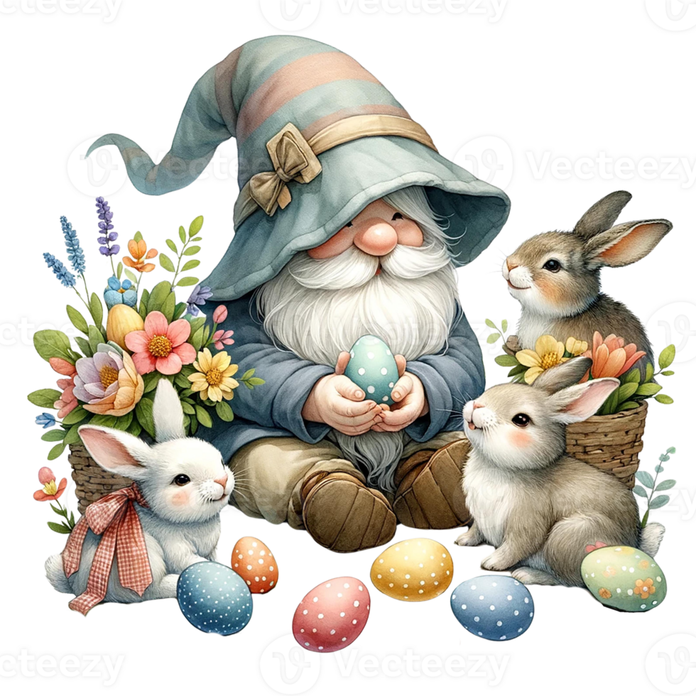 AI generated Gnome  celebrating Easter with bunnies watercolor clipart. AI Generate png