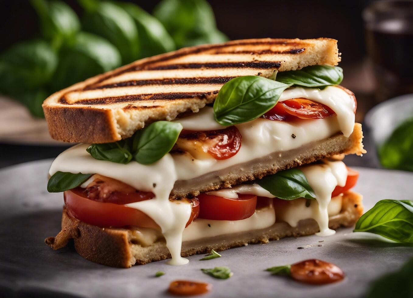 ai generado A la parrilla caprese panini con albahaca y queso Mozzarella foto