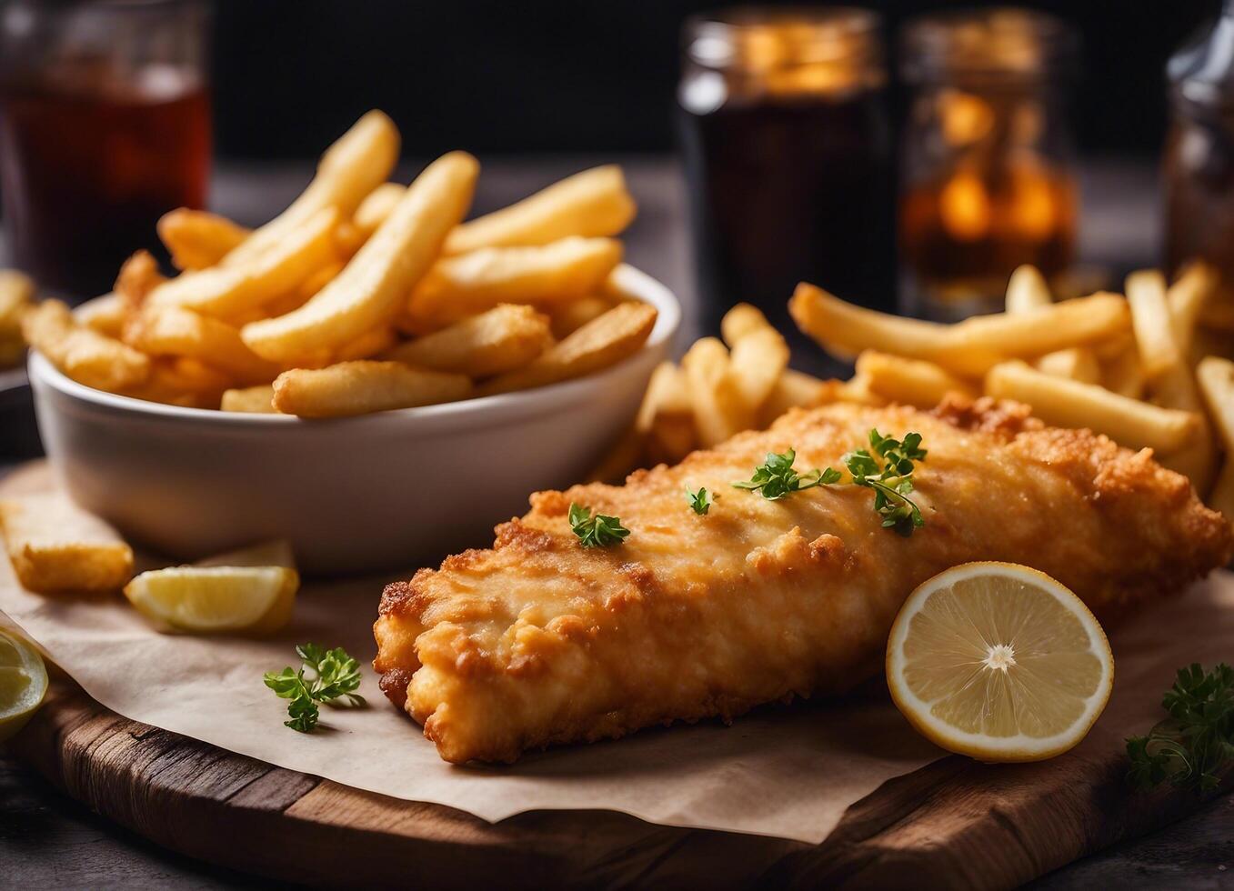 AI generated Classic fish and chips served with lemon and parsley on a wooden board photo