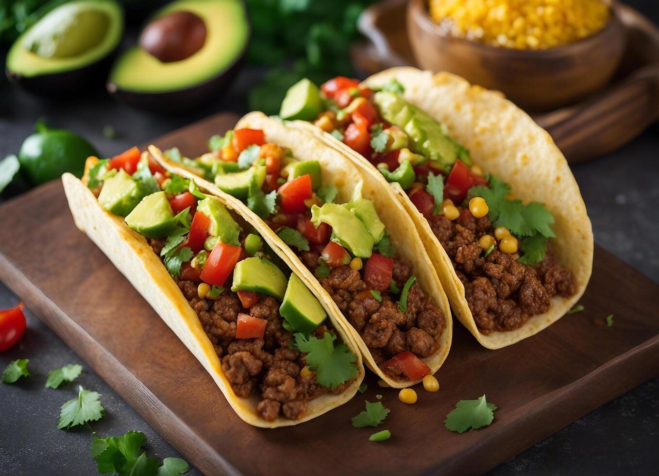 ai generado mexicano tacos con suelo carne de res, aguacate y cilantro en de madera tablero foto