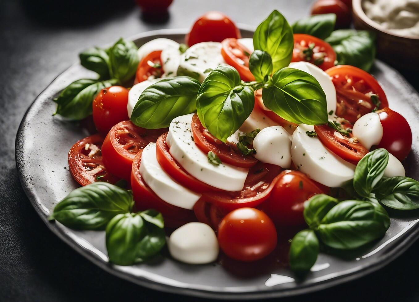 ai generado caprese ensalada con Tomates, queso Mozzarella queso y albahaca foto