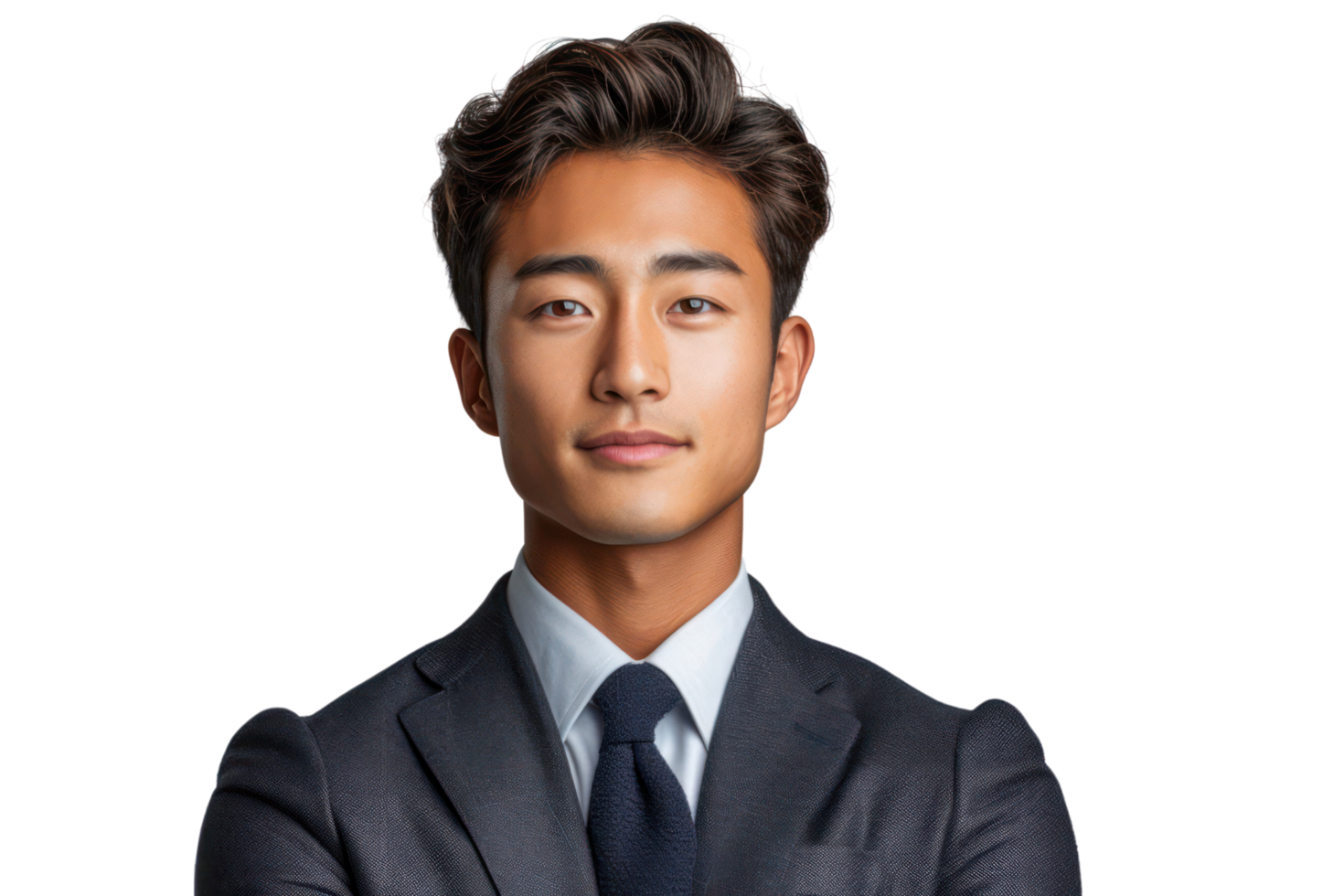 AI generated Smiling asian young man wearing a suit and tie, hugging his chest, looking off to the side, isolated on transparent background png