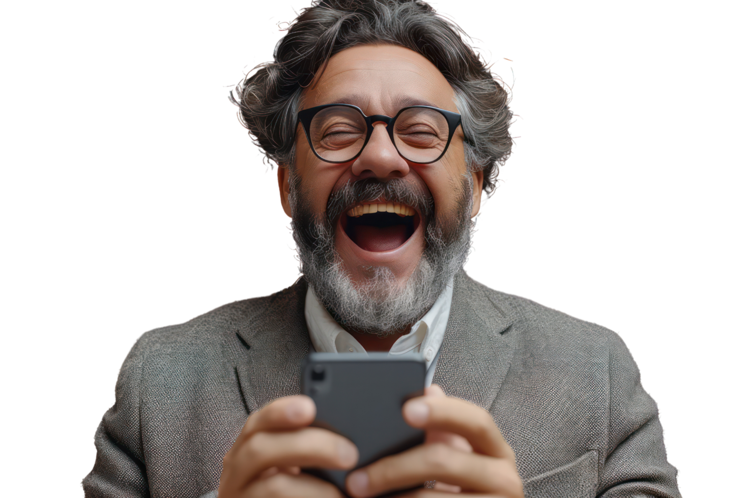 AI generated Excited happy Middle aged man in suit with phone rejoices in victory or winning isolated on transparent background png