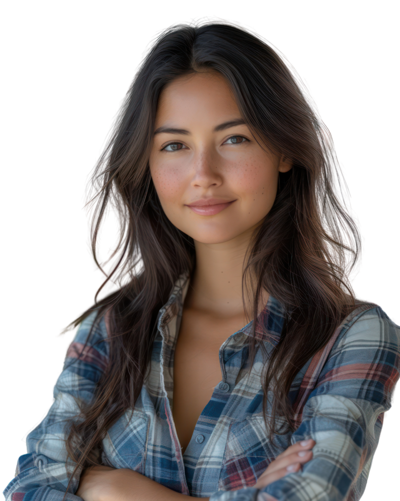 AI generated Beautiful young woman wearing a plaid shirt isolated on transparent background. png