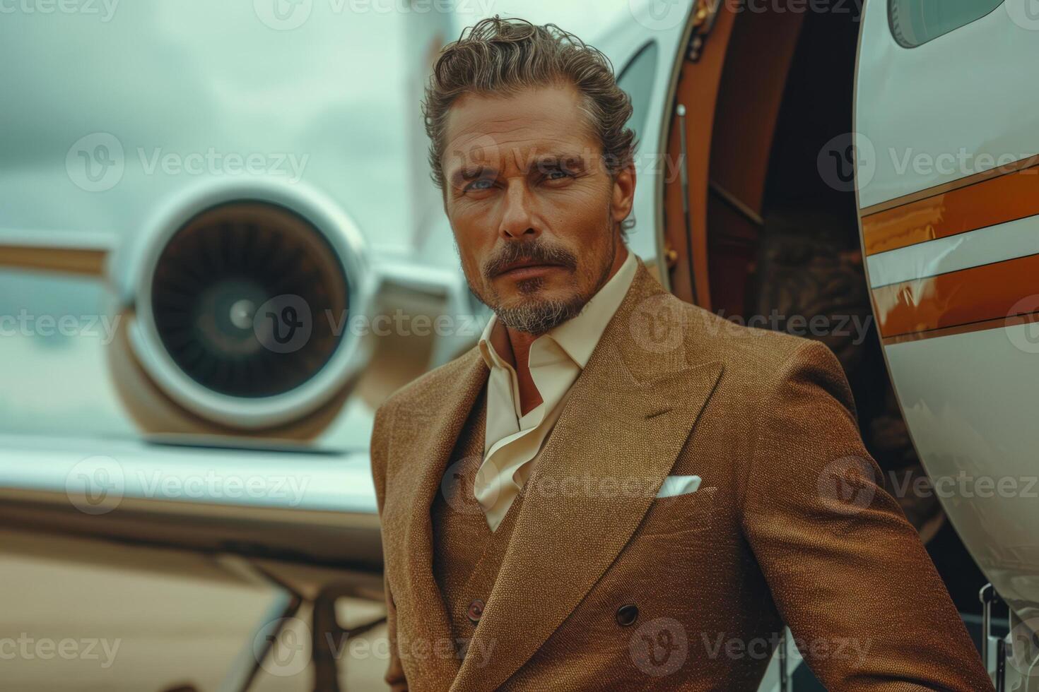 AI generated A man in a suit standing next to an airplane. A man stands confidently in front of a passenger airplane on the tarmac, ready to embark on his journey. photo