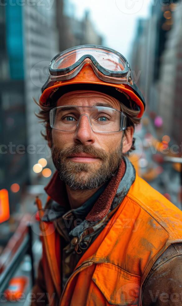 AI generated Portrait of worker in the helmet and goggles. Engineer man wearing an orange hard hat, vest and safety goggles, standing on a scaffolding over an excavation site and city street photo