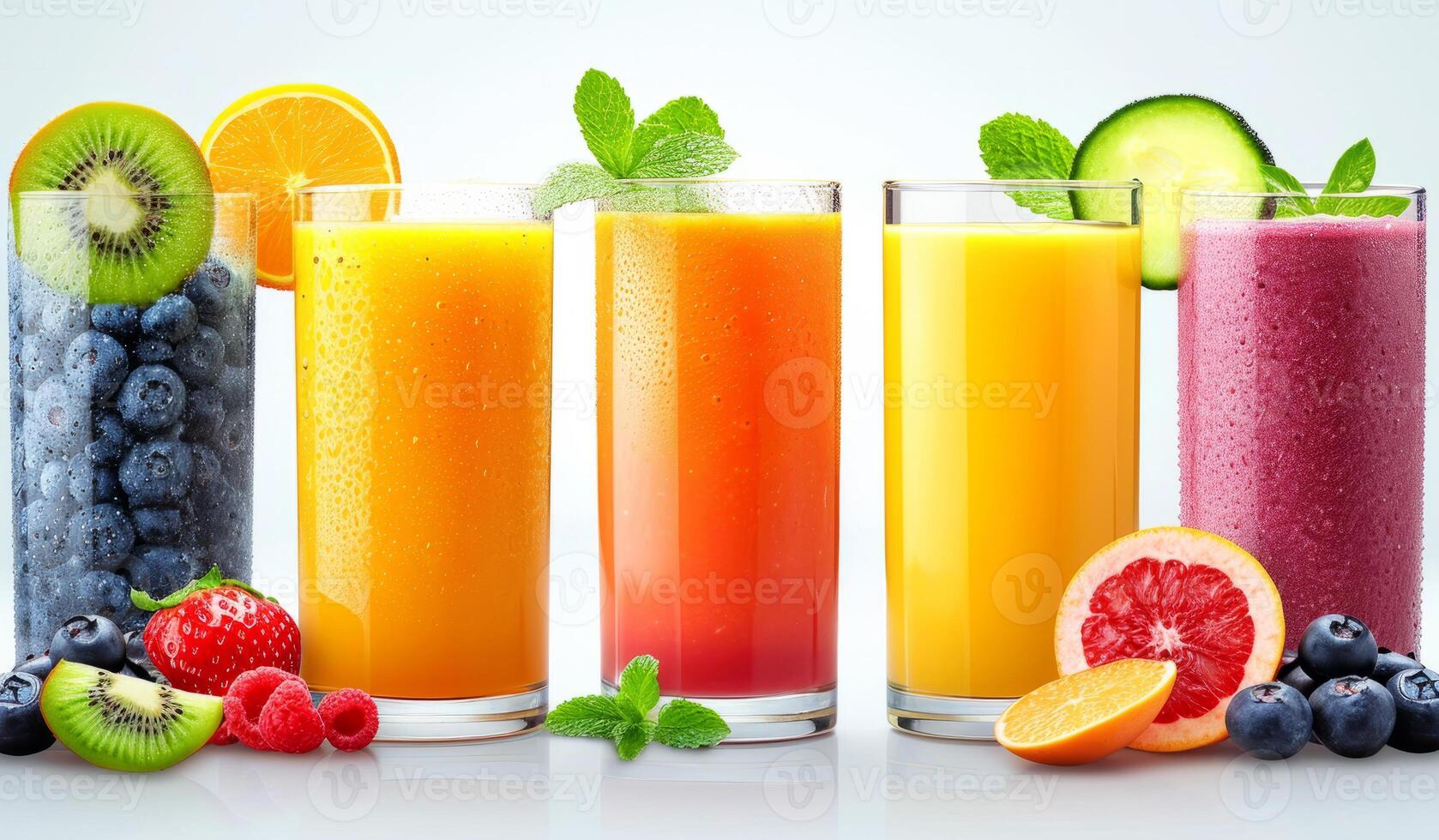 AI generated Various glasses of juices and smoothies. Capture the vibrant variety of different types of fruits and vegetables in this captivating photo. photo