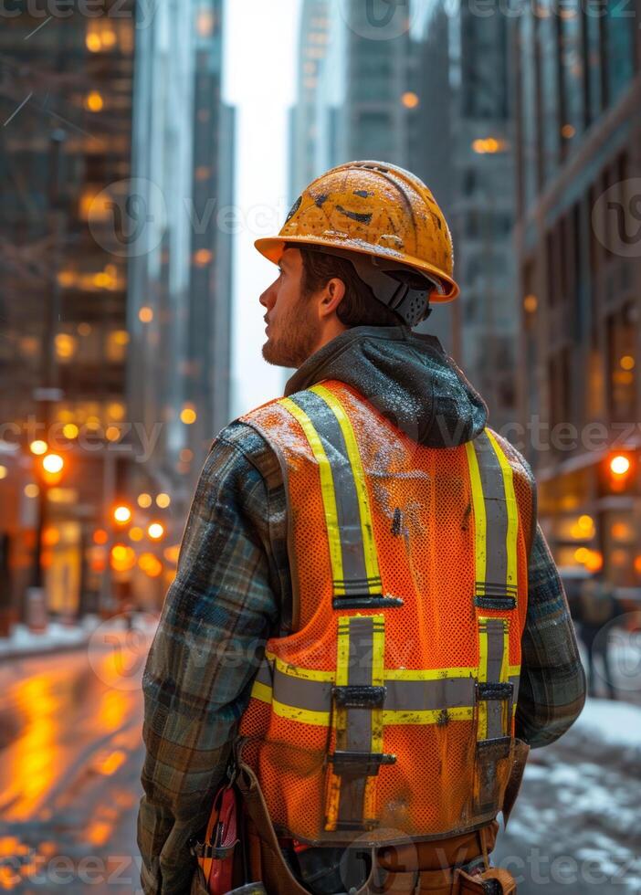 ai generado un construcción trabajador vistiendo un amarillo chaleco. un hombre vistiendo un la seguridad chaleco y difícil sombrero a un construcción sitio. foto