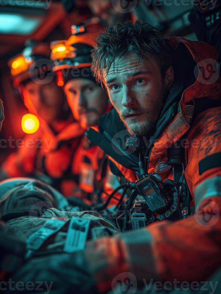 ai generado ambulancia oficiales realizar vida apoyo en un paciente. un grupo de hombres en uniforme sentado siguiente a cada otro. foto