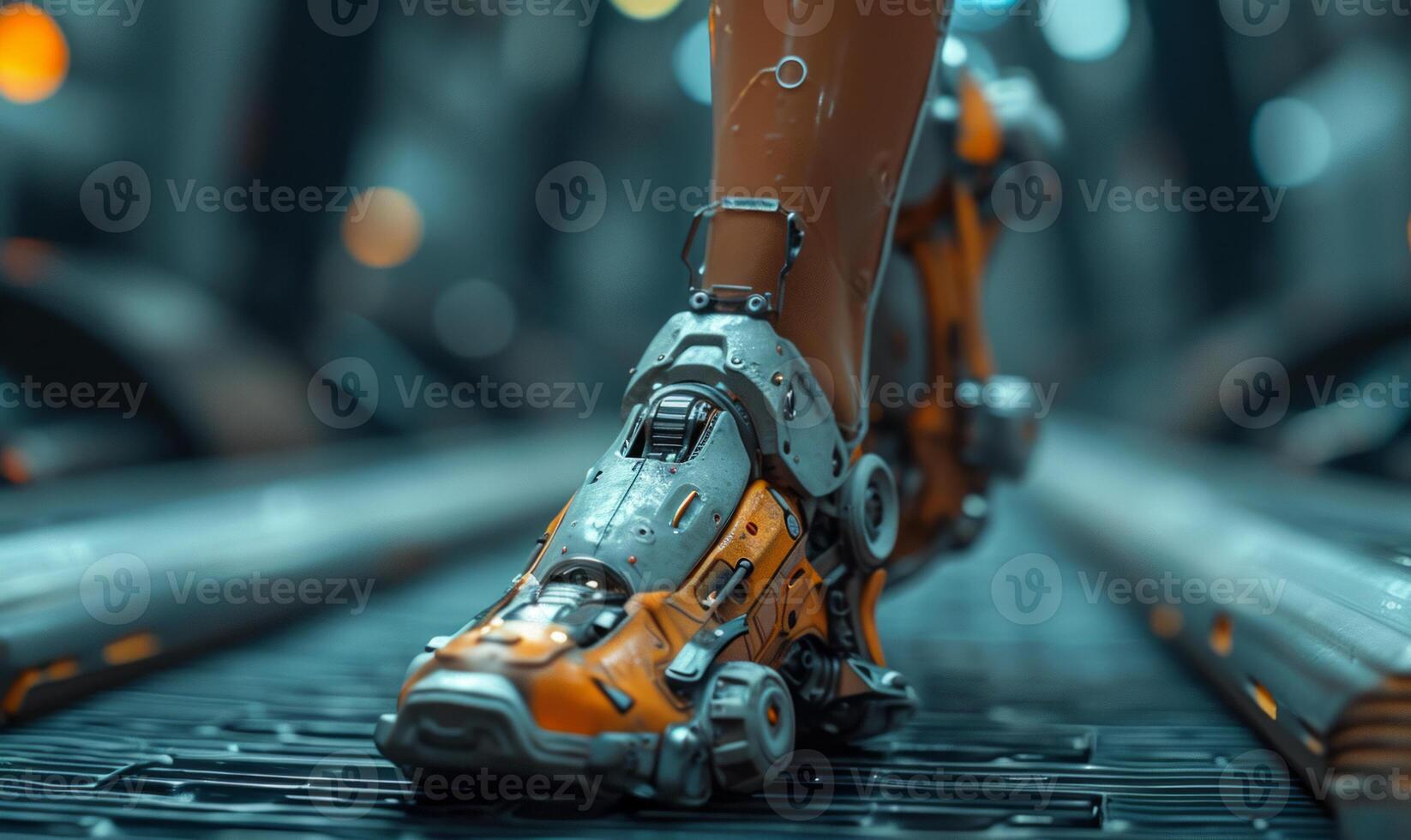 AI generated Futuristic robotic legs walking on metal conveyor. Close-up a woman wearing a robotic leg that walks on a treadmill photo