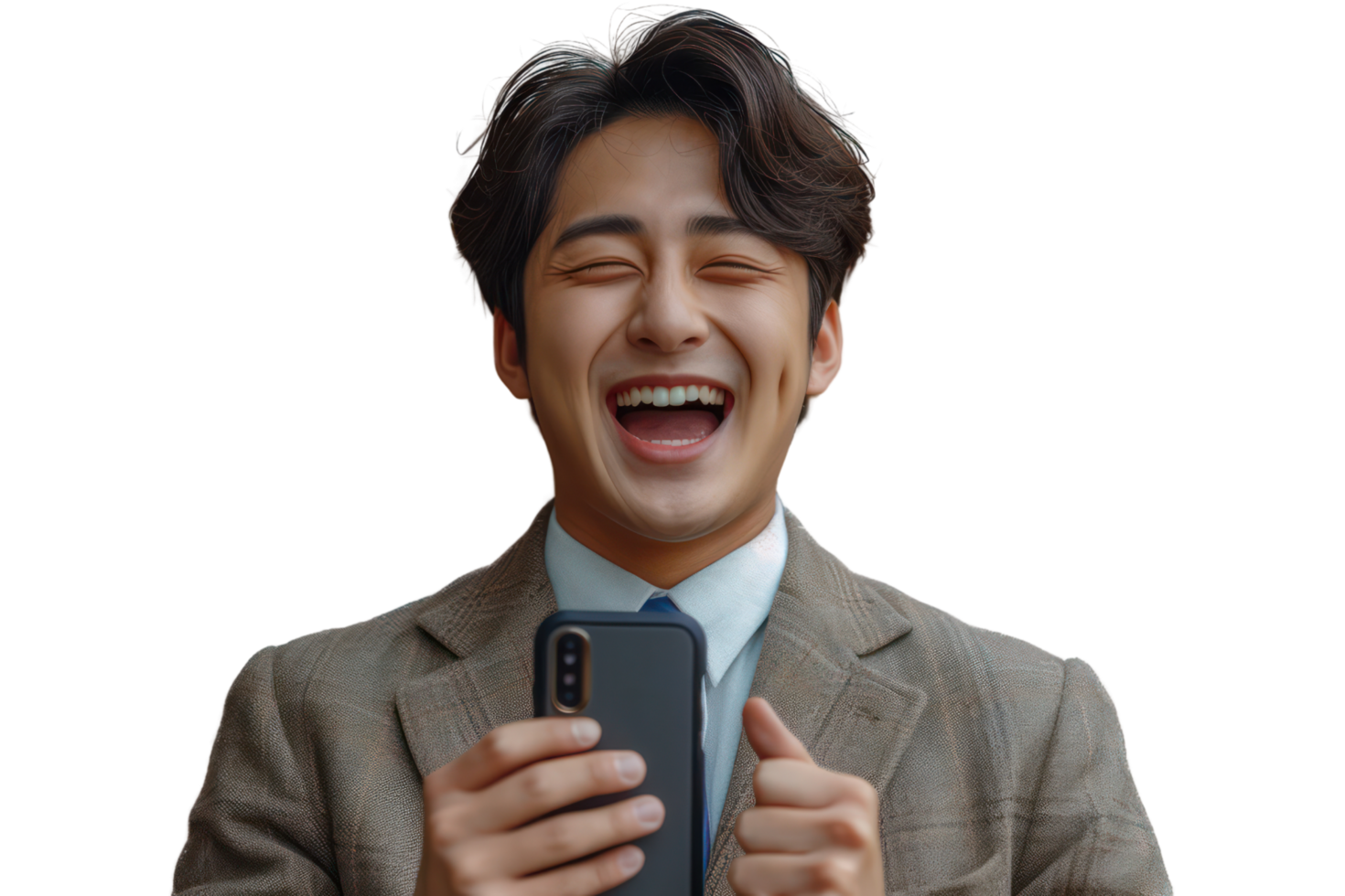 AI generated Happy asian young man in suit with phone rejoices in victory or winning isolated on transparent background png