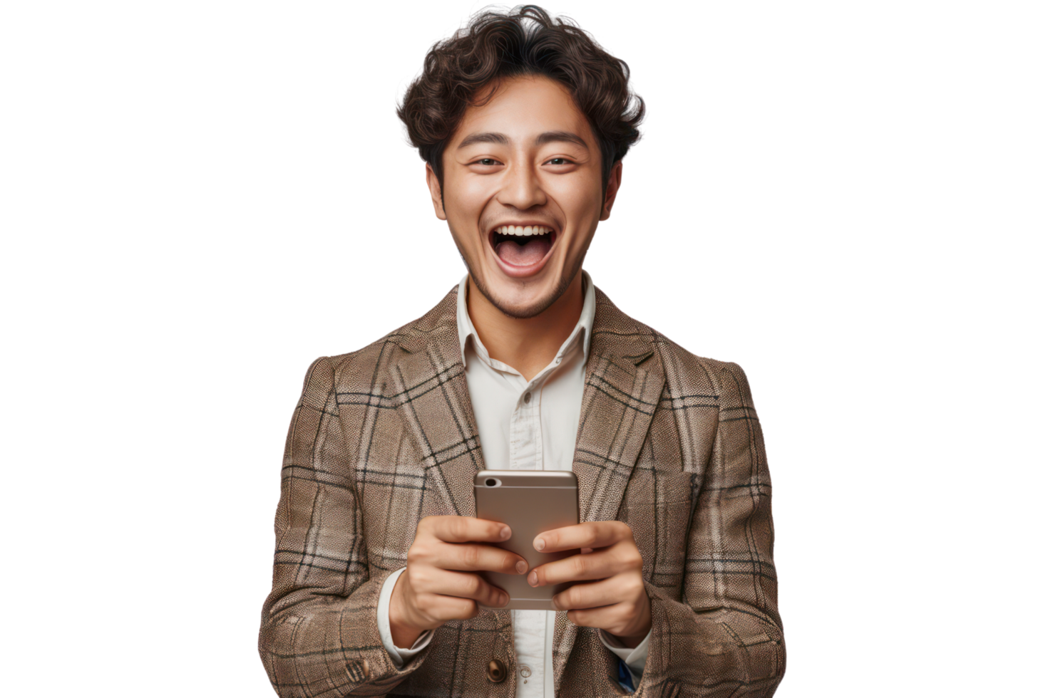 AI generated Happy asian young man in suit with phone rejoices in victory or winning isolated on transparent background png