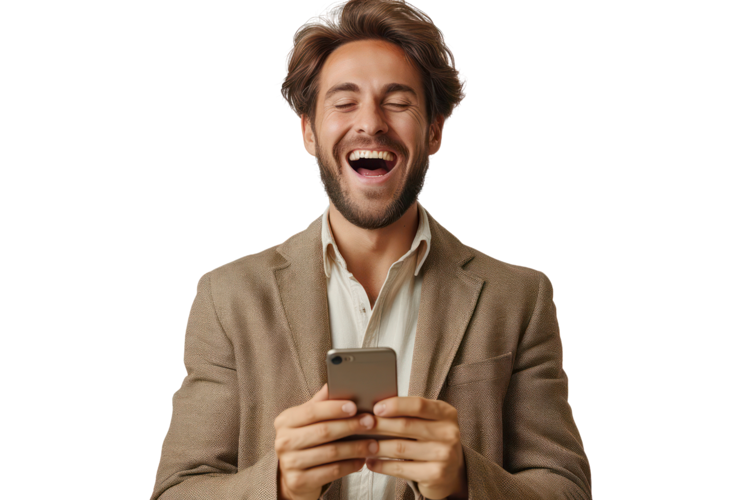 AI generated Happy young man in suit with phone rejoices in victory or winning isolated on transparent background png
