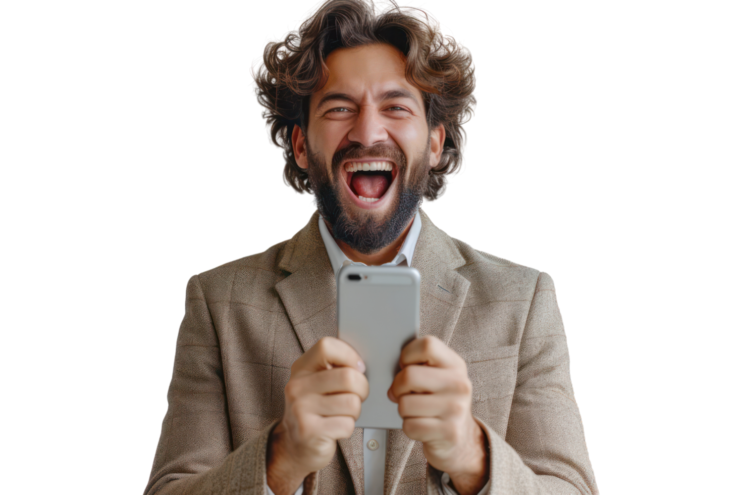 AI generated Happy young man in suit with phone rejoices in victory or winning isolated on transparent background png