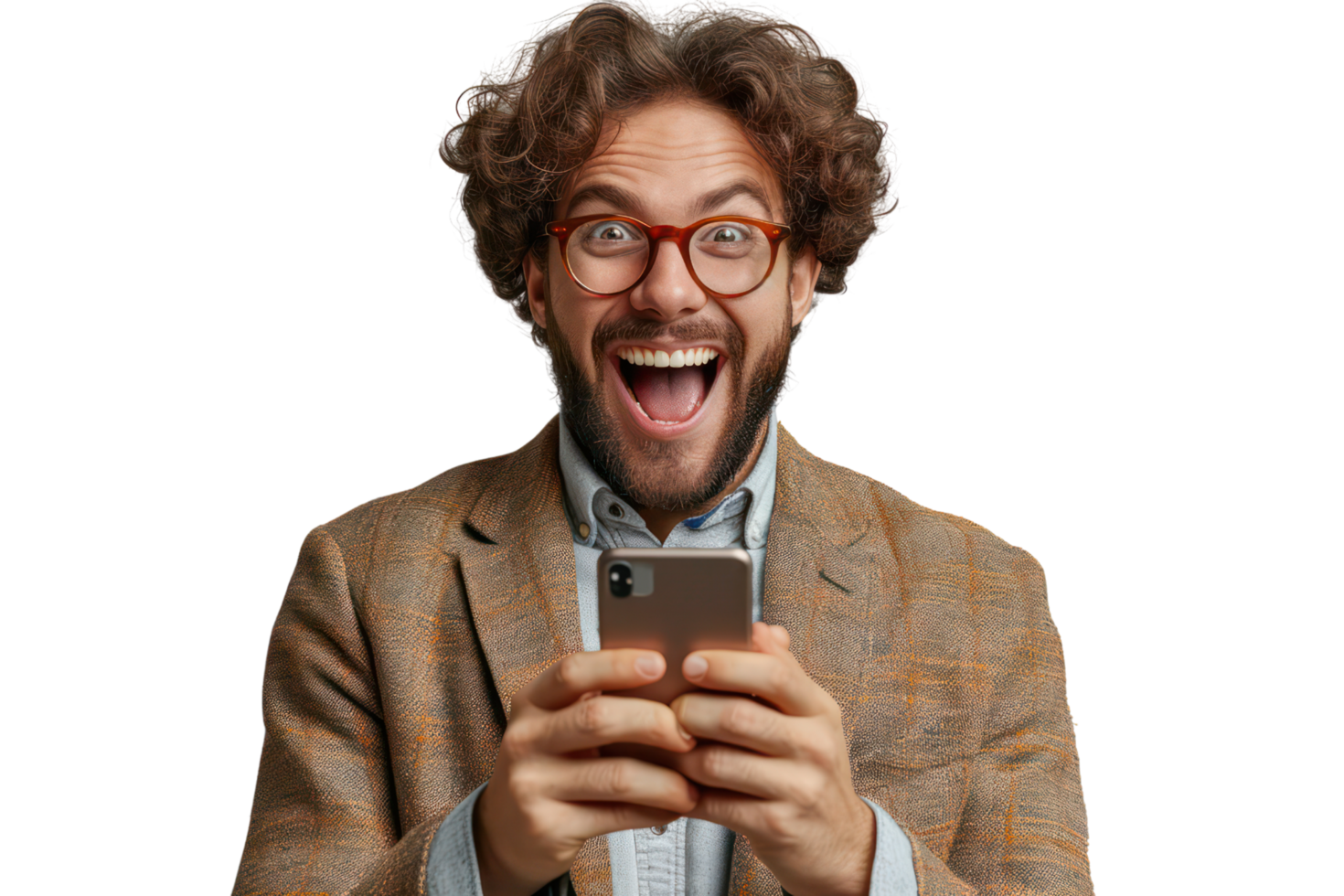 AI generated Happy young man in suit with phone rejoices in victory or winning isolated on transparent background png