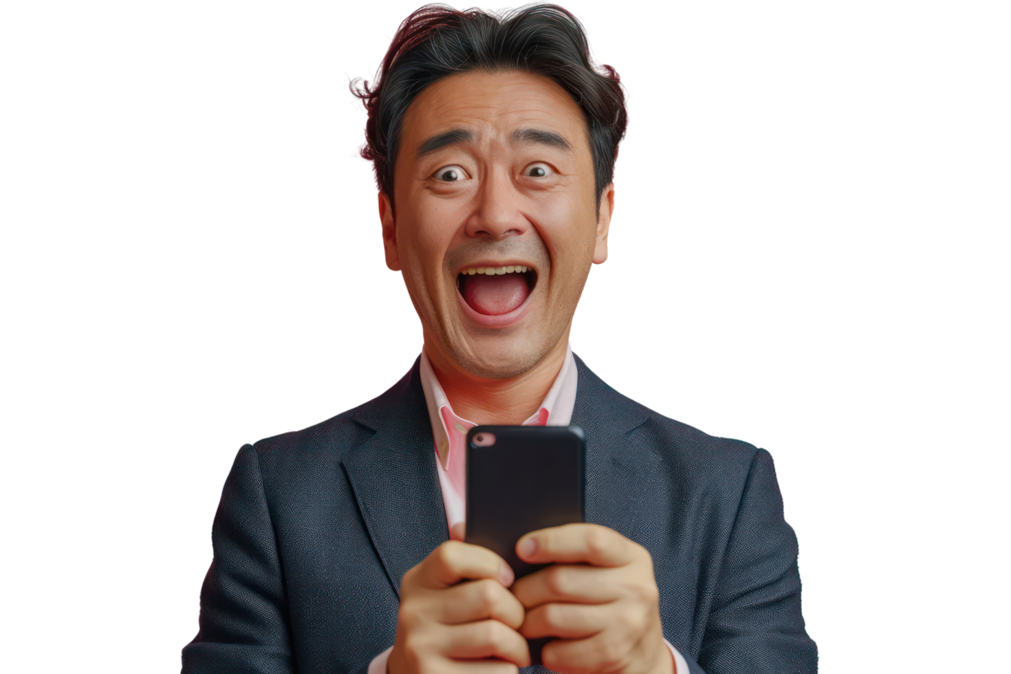 AI generated Happy asian young man in suit with phone rejoices in victory or winning isolated on transparent background png