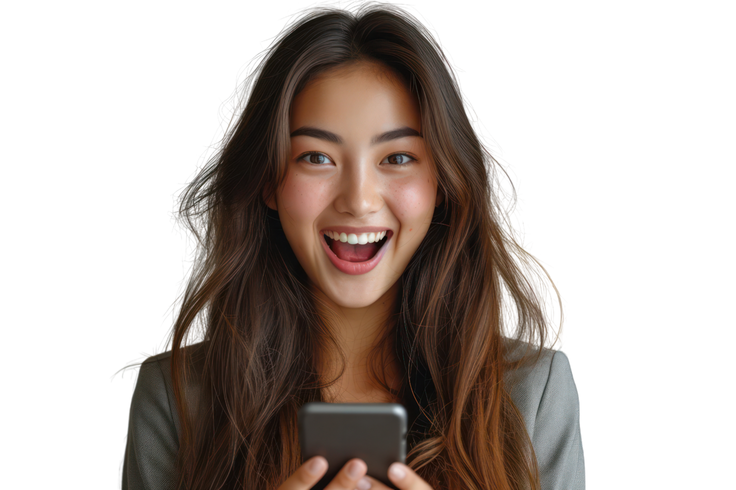 AI generated Happy young asian woman in suit with phone rejoices isolated on transparent background png