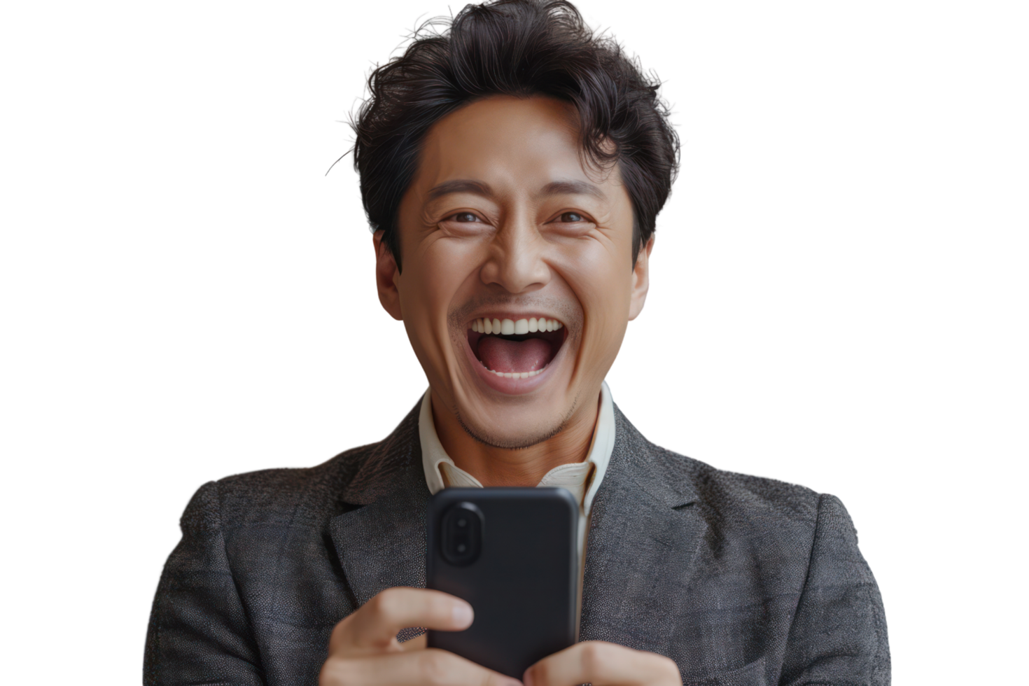 AI generated Happy asian young man in suit with phone rejoices in victory or winning isolated on transparent background png