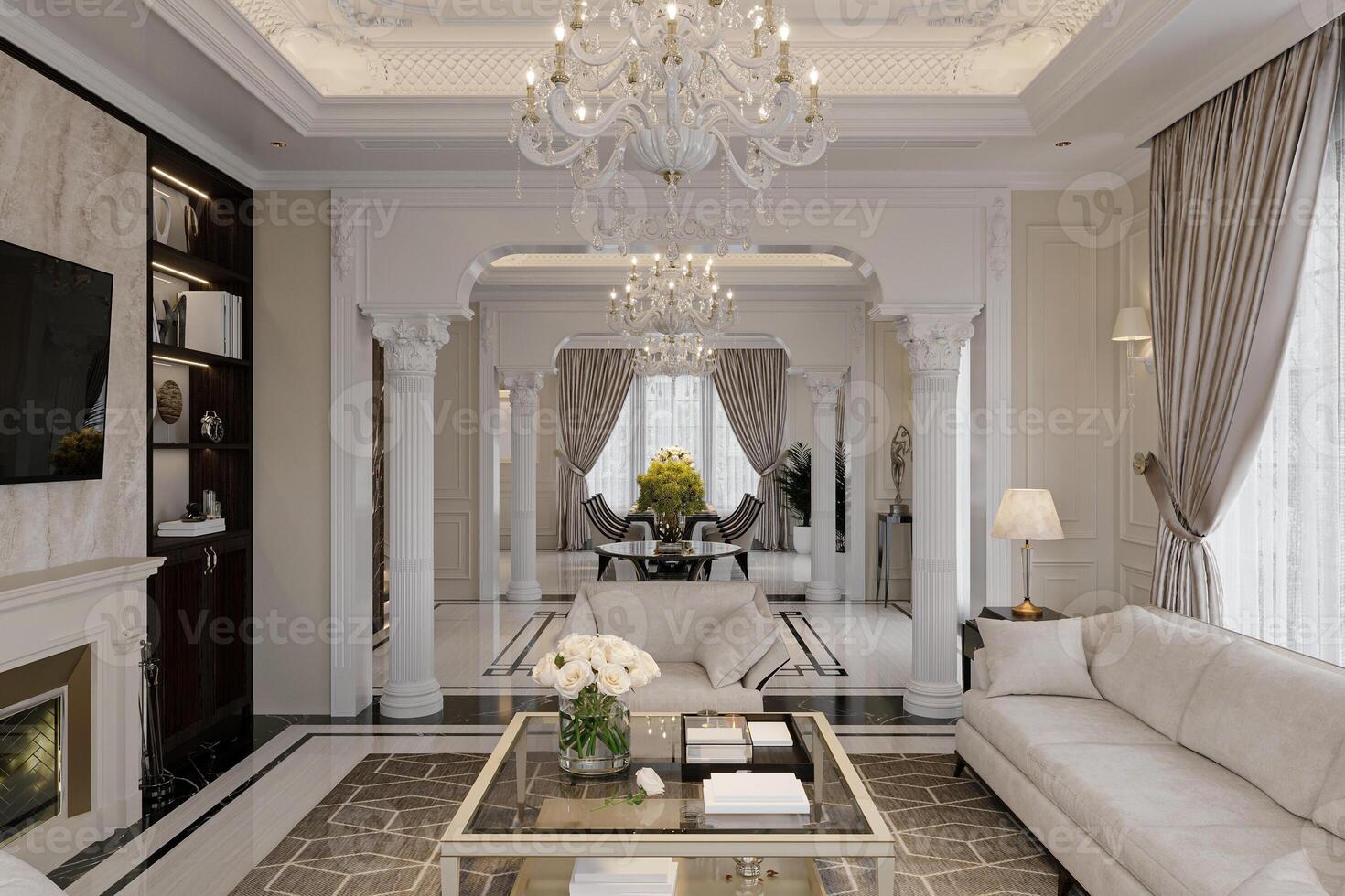 A Sophisticated Blend of Classic and Contemporary Styles Creates an Inviting Living Room. photo