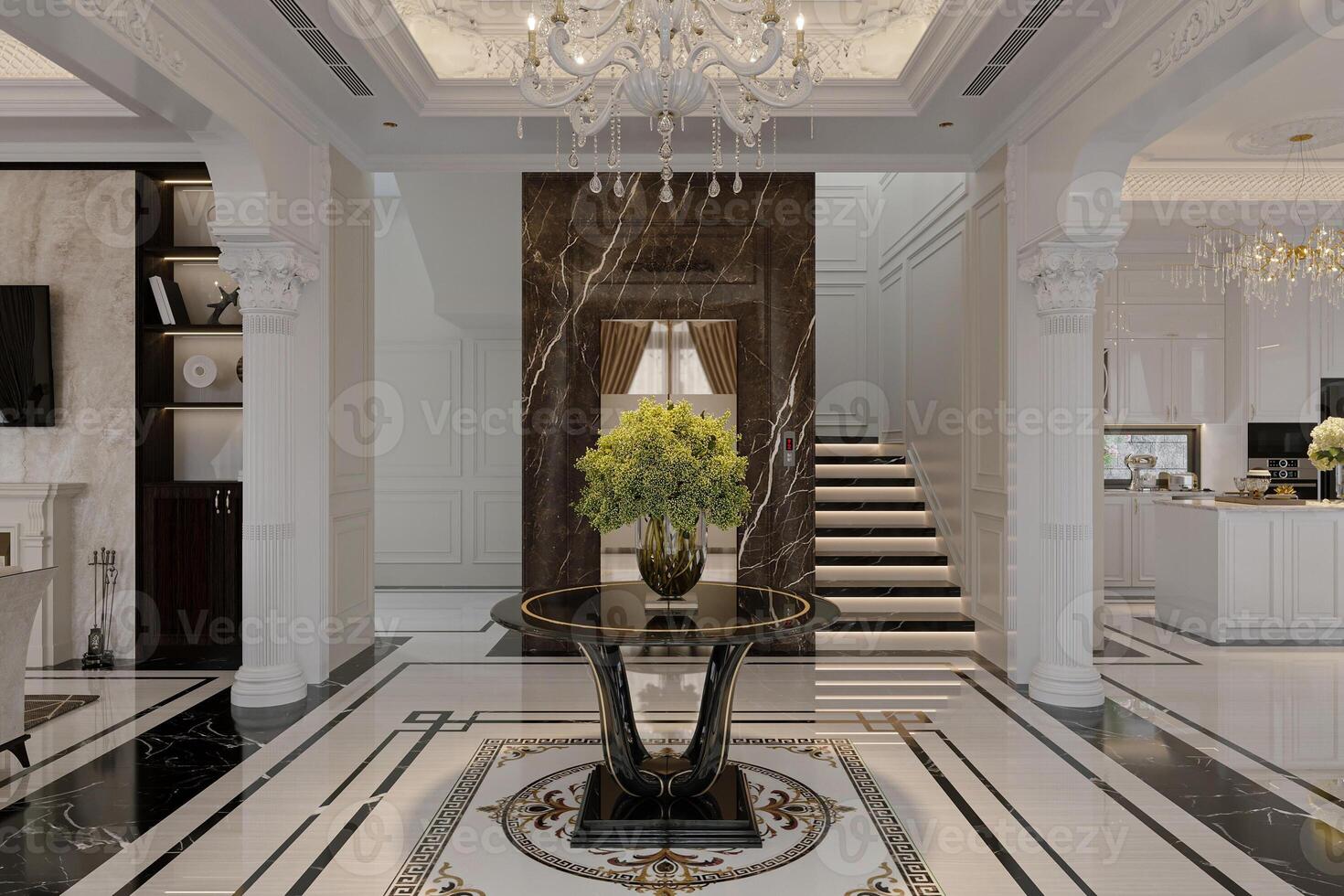 The apartment hallway is decorated in a white color scheme with a botany plant as the centerpiece on the table. photo