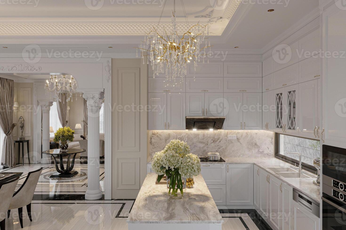 Open Concept Elegant and Spacious Kitchen with Marble Countertops, Chandelier, and white Toned Cabinets photo