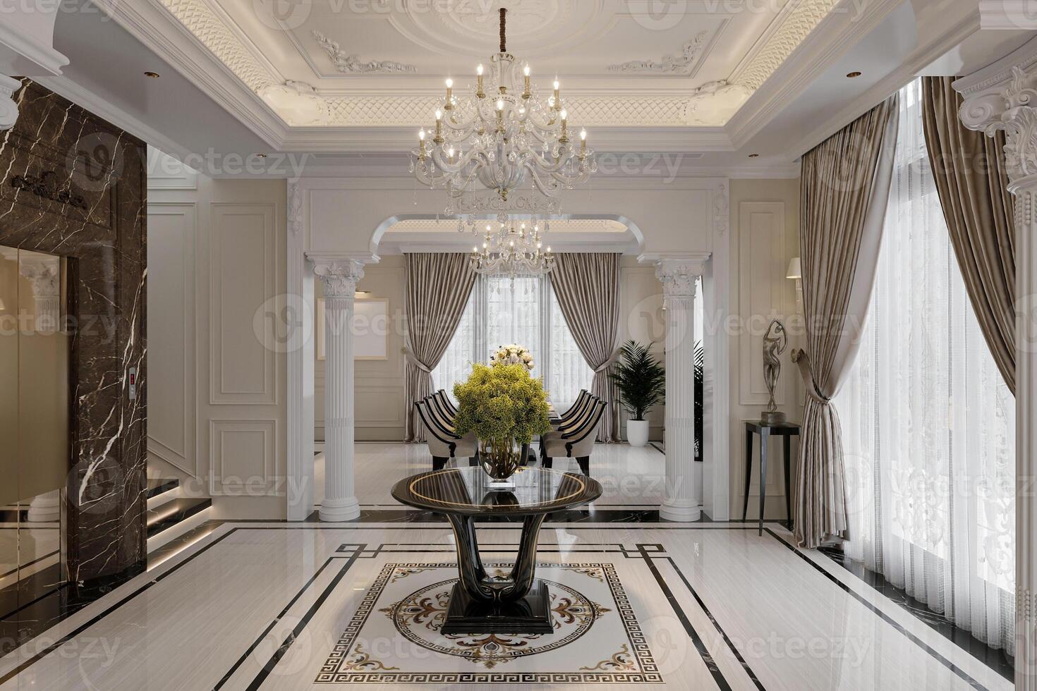 The entrance hall decor with a bouquet on the center table, a delightful interior. photo